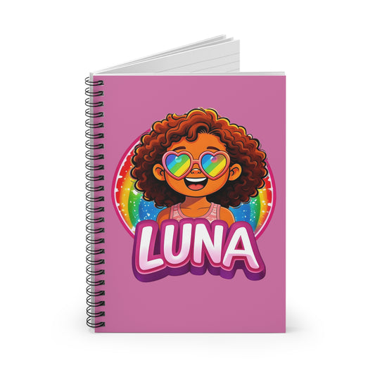Personalized Luna Spiral Notebook — Cute Rainbow Girl Ruled Journal