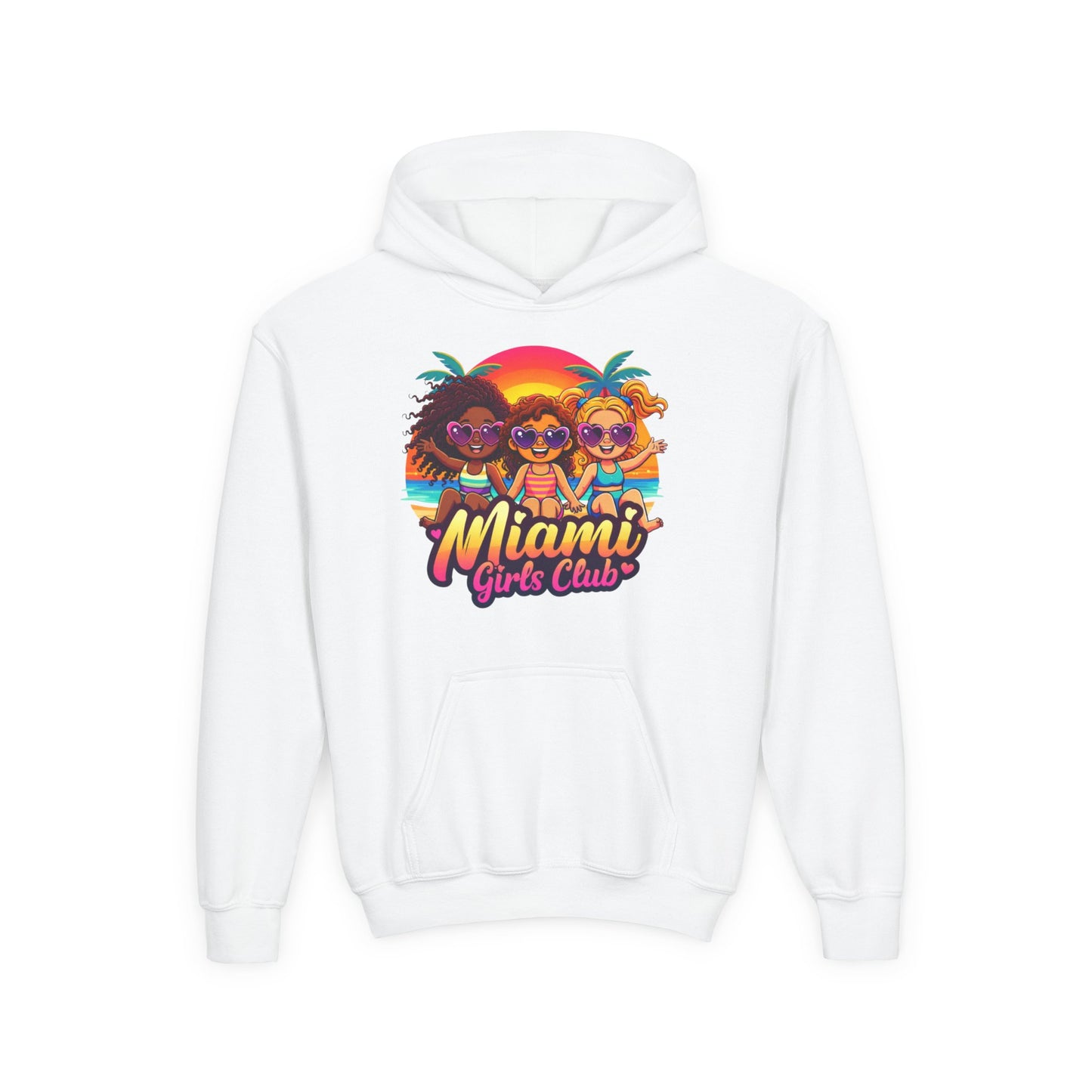 Miami Girls Club Youth Hoodie — Retro Sunset Beach Graphic