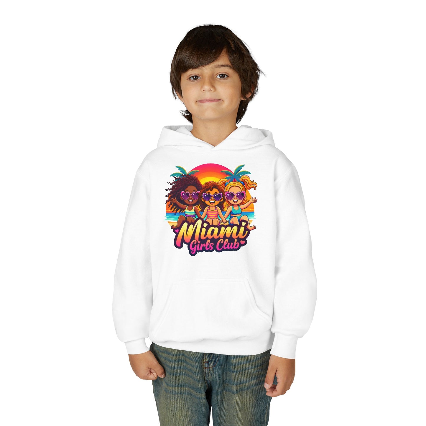 Miami Girls Club Youth Hoodie — Retro Sunset Beach Graphic