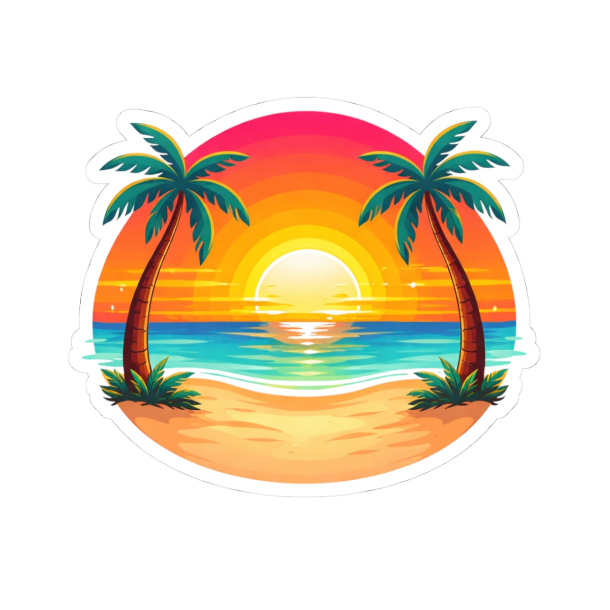 Tropical Sunset Palm Sticker — Vibrant Beach Kiss-Cut Decal for Laptops, Water Bottles & Travel Gear